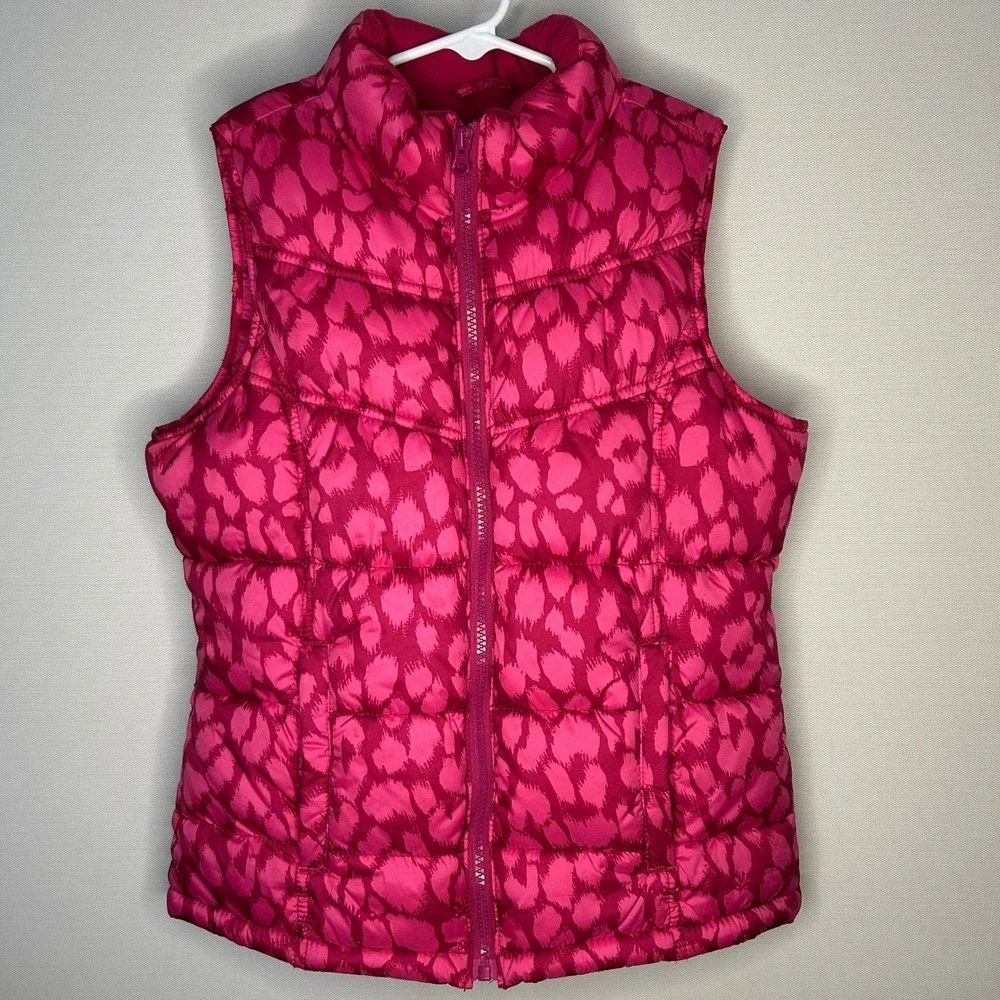 Old Navy Girls XL 14 Cheetah Pink Puffer Vest Fleece Lined Full Zip Quilted Fall
